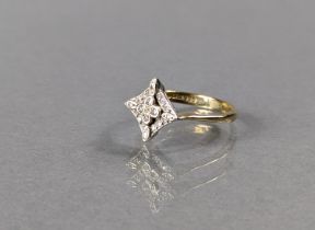 A 9ct gold ring, the kite-shaped panel set numerous rose diamonds, 3g, size R.