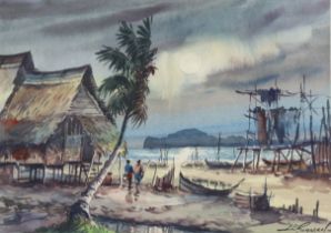 A. RAHMAN (Malaysian, 1922-1995) Coastal landscape with fishermen & huts, signed lower right,