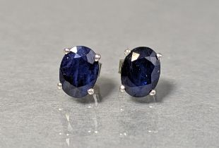 A pair of sapphire ear-studs, the oval-cut stones set to white metal mounts.