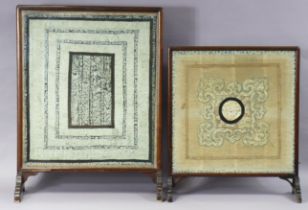 Two late 19th century Chinese silk needlework panels, inset to glazed hardwood frames forming fire-