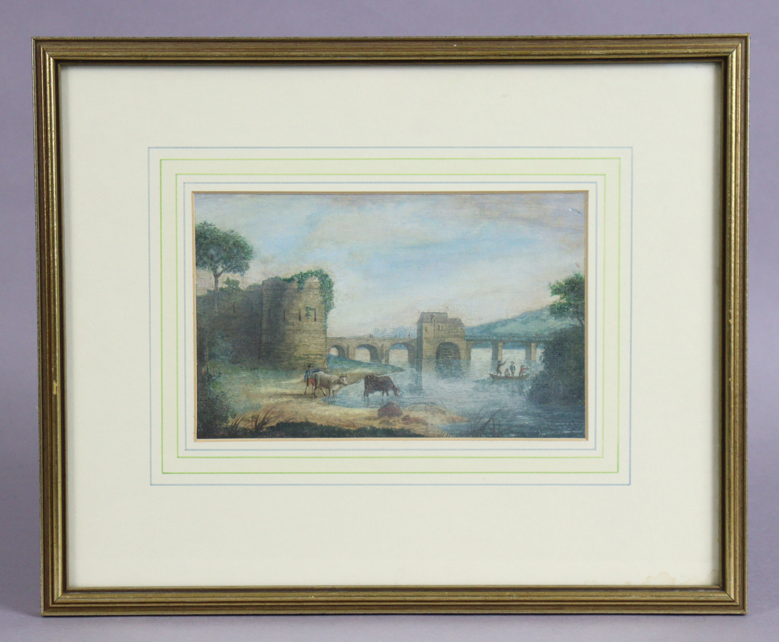 ENGLISH SCHOOL, 19th century. A river landscape with bridge, watermill & castle ruins, - Image 2 of 2