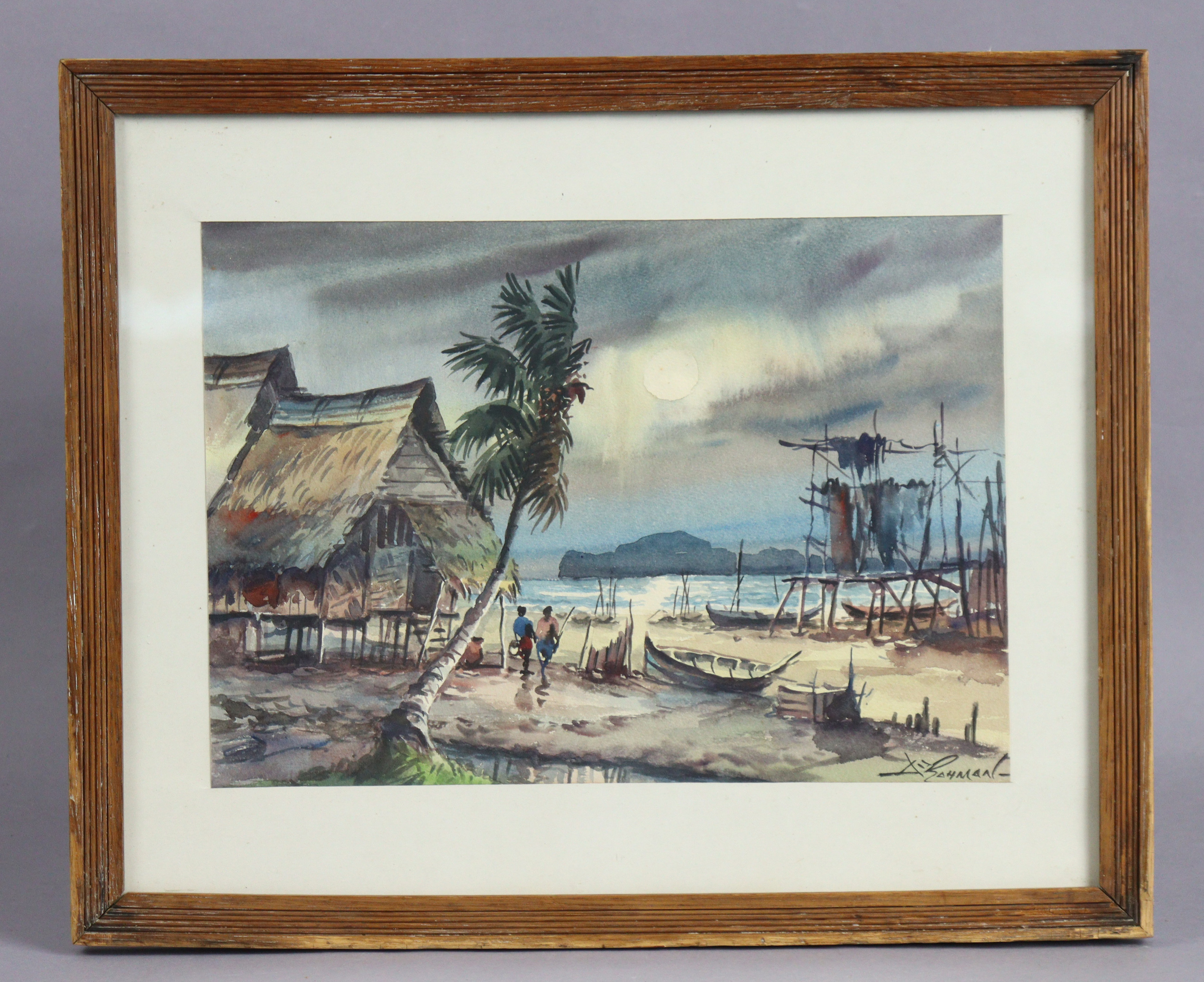 A. RAHMAN (Malaysian, 1922-1995) Coastal landscape with fishermen & huts, signed lower right, - Image 2 of 4