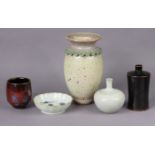 Three Japanese studio pottery vases, 26cm, 17cm, & 13cm; an Arita blue & white small shallow bowl
