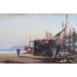 WILLIAM JAMES CALLCOTT (fl.1843-1896). Beached fishing vessels & figures at Scarborough,