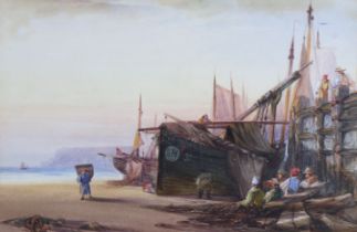 WILLIAM JAMES CALLCOTT (fl.1843-1896). Beached fishing vessels & figures at Scarborough,