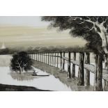 KOKO AUNG (Myanmar, Contemporary) A monochrome knife painting of a river landscape, signed &