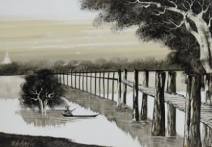 KOKO AUNG (Myanmar, Contemporary) A monochrome knife painting of a river landscape, signed &