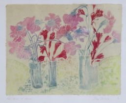 JENNY DEVEREUX (b. 1945). “Four Vases of Flowers”, linocut, signed, inscribed & numbered 7/75