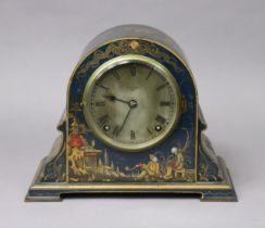 An Edwardian mantel timepiece in blue-ground chinoiserie lacquer dome-top case, retailed by Pearce &
