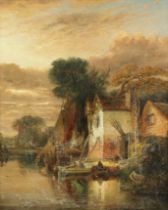 NORWICH SCHOOL, 19th century. A river landscape with cottages, moored boats & figures in a sailing