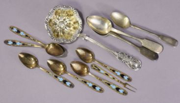 Six mid-20th century Russian silver-gilt (.875 standard) & enamel coffee spoons; a similar small