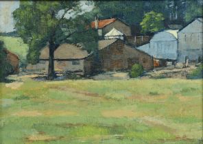 Dr SUZANNE CLARKE (Bristol, 20th C). “Bourne Farm”, oil on board: inscribed verso, 24cm x 34.5cm,