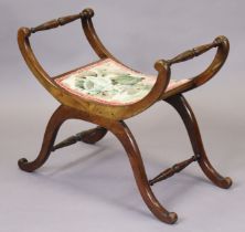 A late 19th/early 20th century mahogany X-frame stool with carved foliate roundels, padded seat