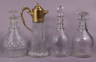 A regency-style glass ovoid decanter with faceted pear-shaped stopper, 27cm; two late Victorian