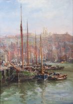 WILLIAM EDWARD WEBB (1862-1903). Whitby harbour with moored fishing vessels, signed “W. Webb”