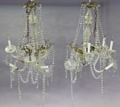 A pair of late 19th/early 20th century Venetian glass six-branch chandeliers, each with frosted