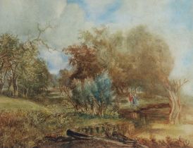 Attributed to MILES EDMUND COTMAN (1810-1858). Figures in a wooded landscape, watercolour, 22cm x