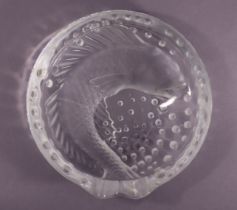 A Lalique ‘Concarneau’ crystal glass circular dish, with moulded Koi carp decoration, 16cm, engraved