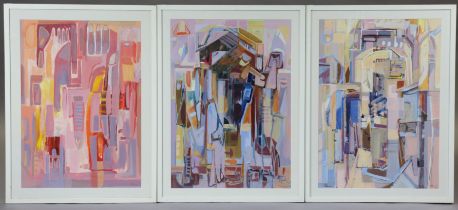 A group of three abstract oil paintings signed “Radovic”, each 67cm x 47.5cm, in matching glazed