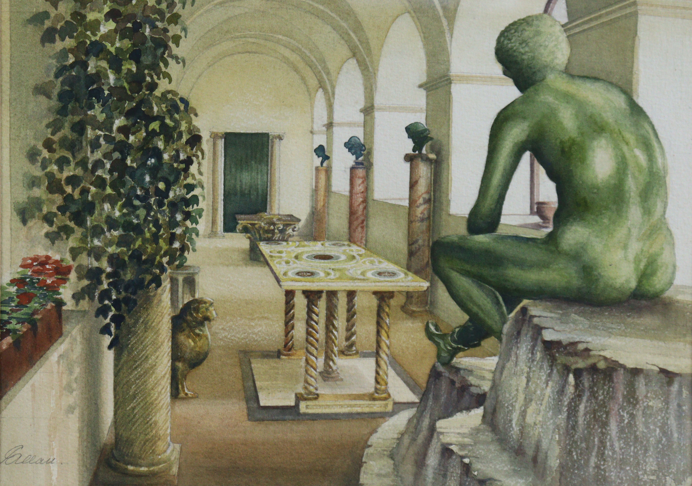 C. F. ALLAN, (British, 20th C). Villa San Michelle (interior), watercolour, signed lower left, 27.