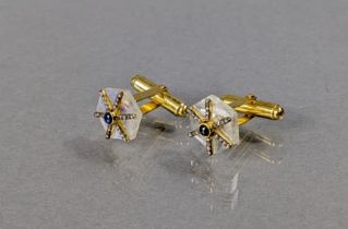 A pair of moonstone, diamond, & sapphire cuff-links with hexagonal panels & silver-gilt mounts, 5.