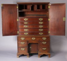 A GEORGE II RED-WALNUT SMALL DATED COLLECTORS CABINET, the upper section inlaid in brass to the