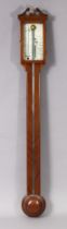 A George III style mahogany stick barometer, with thermometer & vernier, broken-arch pediment,