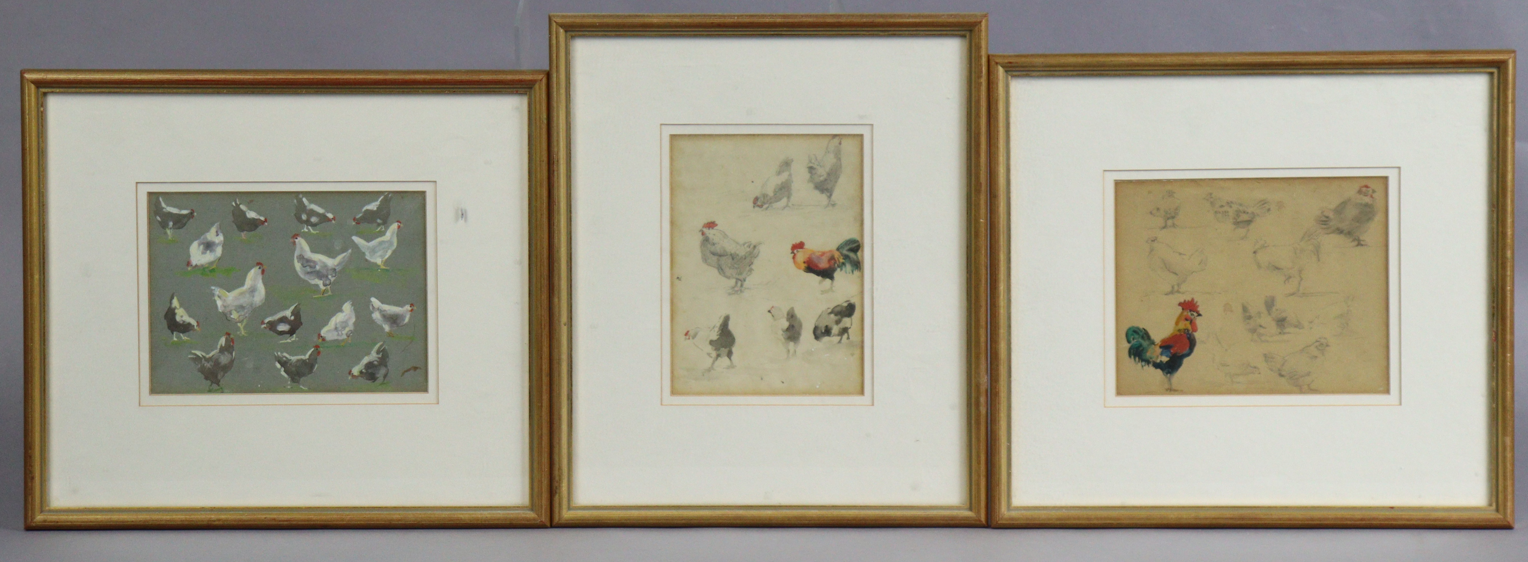 JOHN GUTTRIDGE SYKES (1866-1941). Three sketches of chickens, circa. 1930, pencil & watercolour, - Image 2 of 5