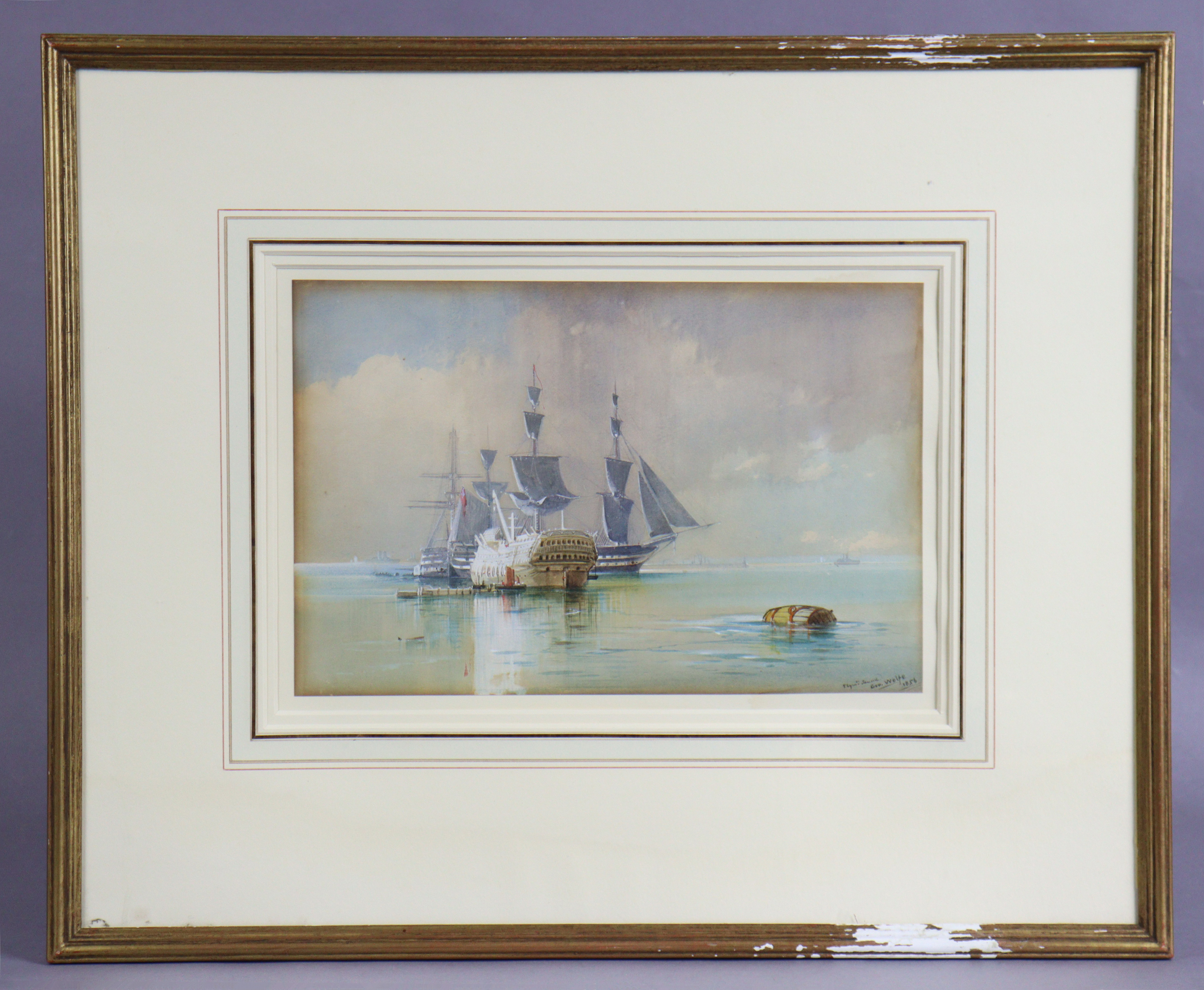GEORGE WOLFE (1834-1890). Plymouth Sound with armed sailing vessels at anchor, signed, inscribed & - Image 2 of 4
