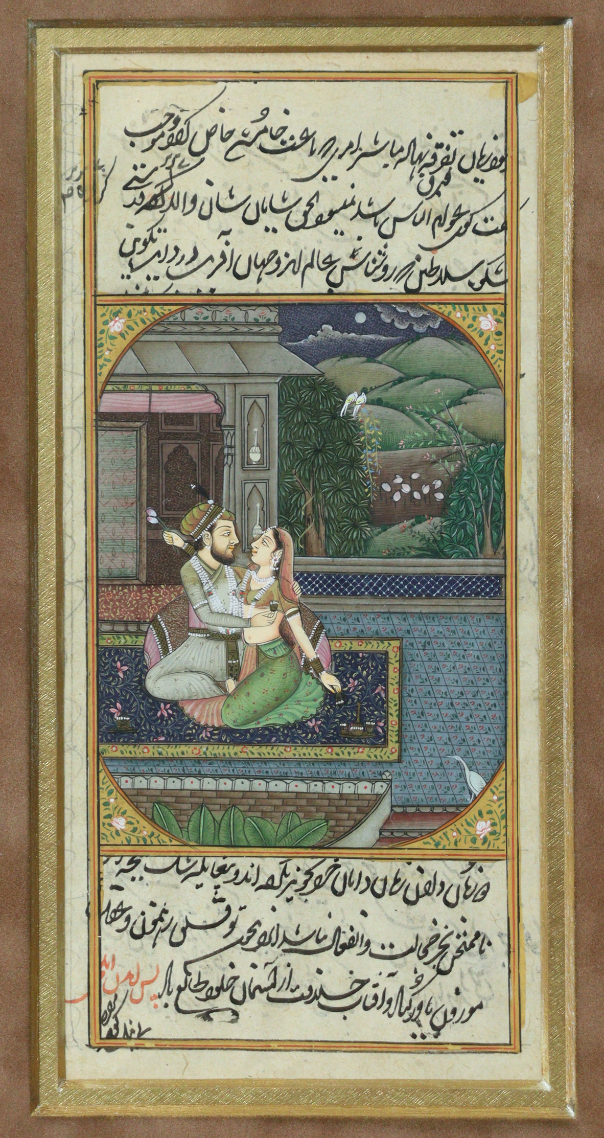 A pair of late 19th/early 20th century Indian miniature paintings of romantic figure scenes, with - Image 3 of 4