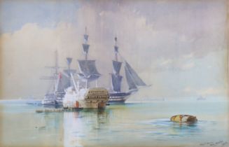 GEORGE WOLFE (1834-1890). Plymouth Sound with armed sailing vessels at anchor, signed, inscribed &