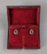 A pair of sapphire & diamond ear studs of pear shape, each with centre sapphire within a double