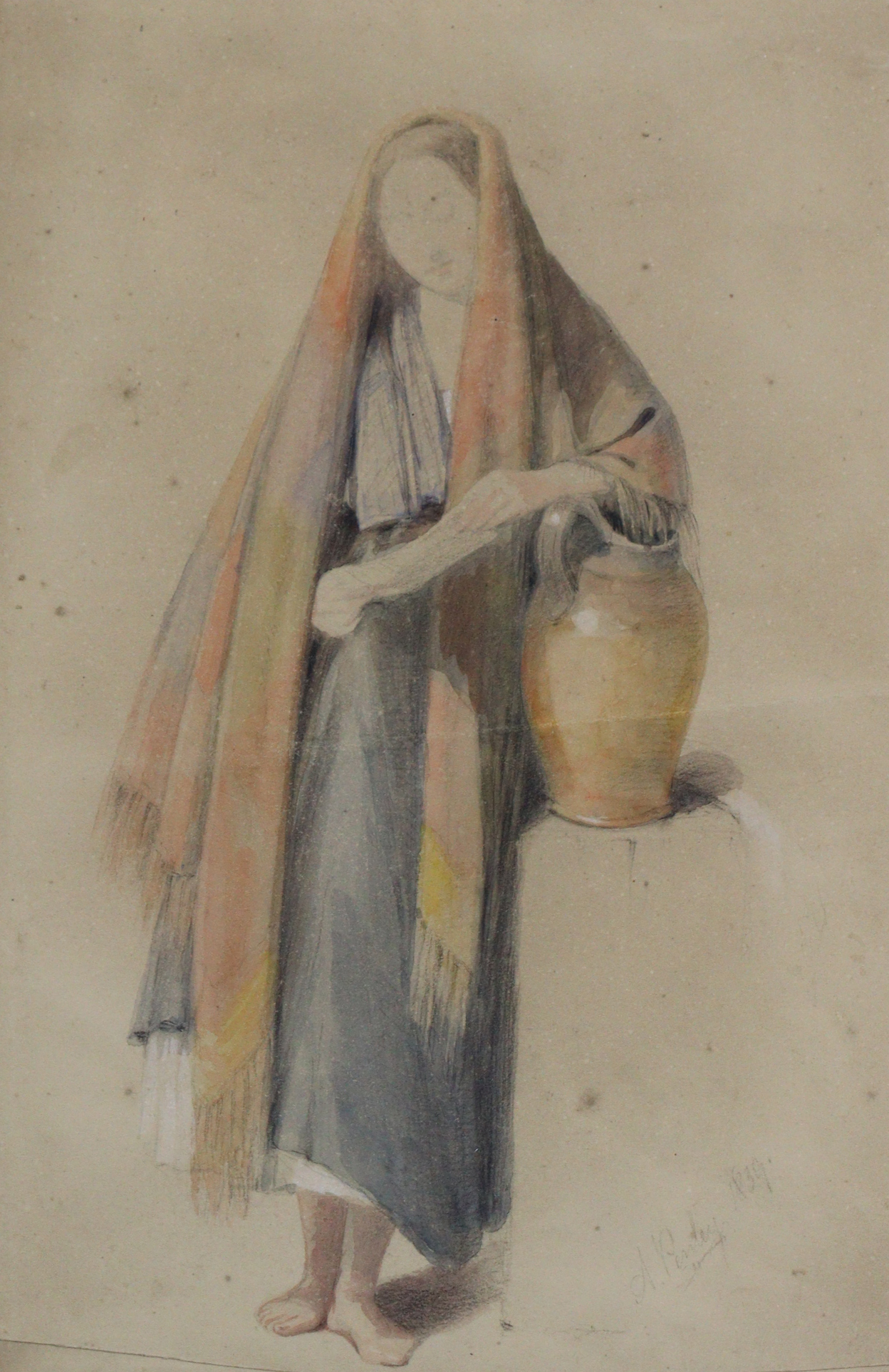 AARON EDWIN PENLEY (1807-1870). Study of a peasant girl with water pitcher, signed & dated, “A.