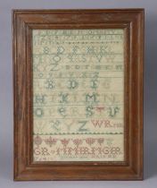 A mid-18th century needlework sampler wrought by “Margaret Ross, 1764”, with different styles of