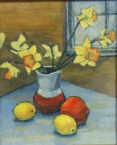 Dr SUZANNE CLARKE (Bristol, 20th C). “Daffodils”, oil on board: 30.5cm x 25.5cm, inscribed verso,