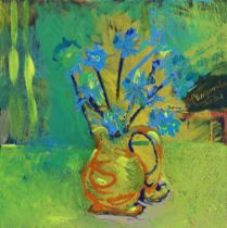 MAGDALENA TARGONSKA (Contemporary) “Cornflowers in abstract vase”, signed & dated 2021 and inscribed