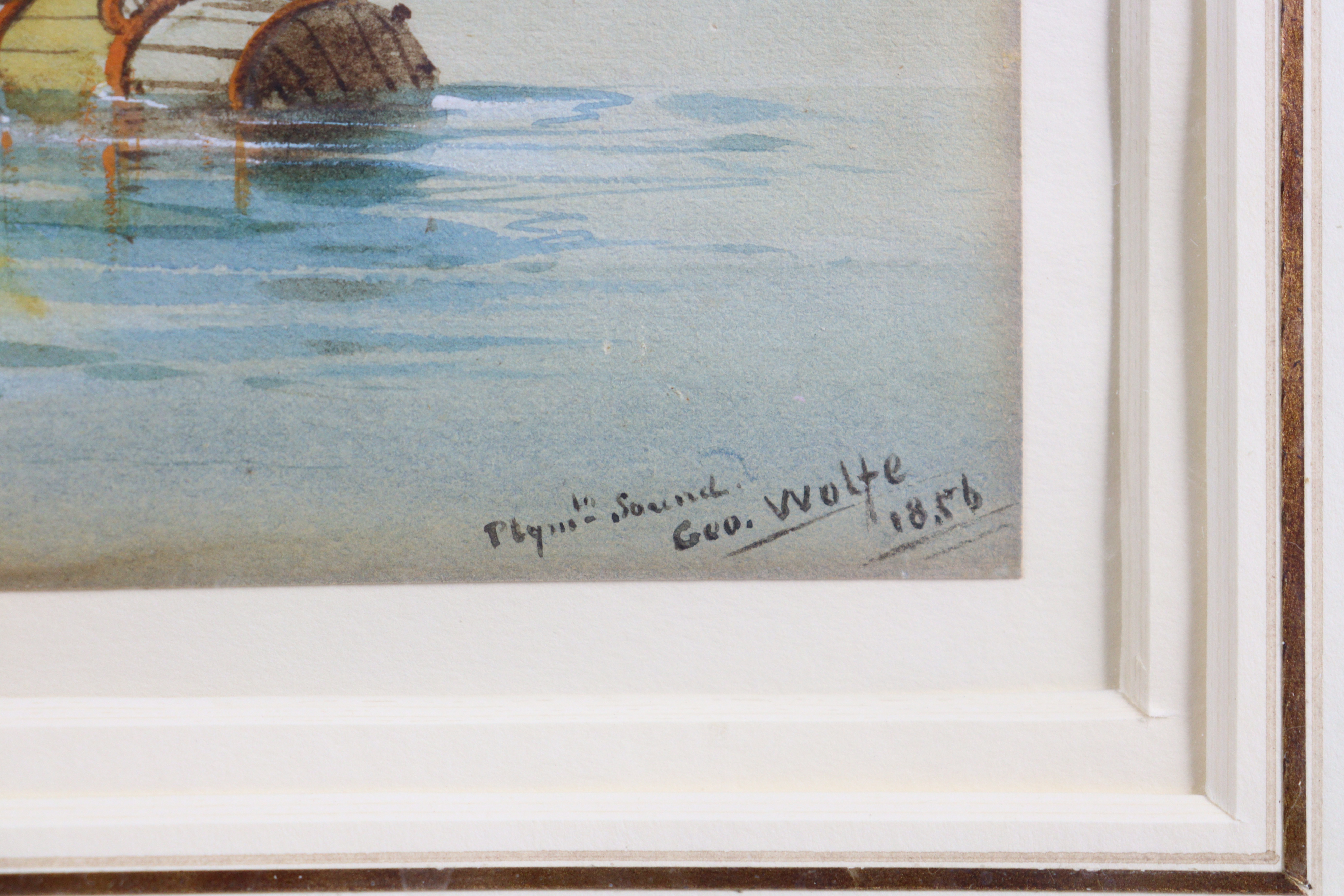 GEORGE WOLFE (1834-1890). Plymouth Sound with armed sailing vessels at anchor, signed, inscribed & - Image 3 of 4