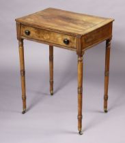 A Regency mahogany work table with crossbanded rectangular top & ebonised stringing, the frieze