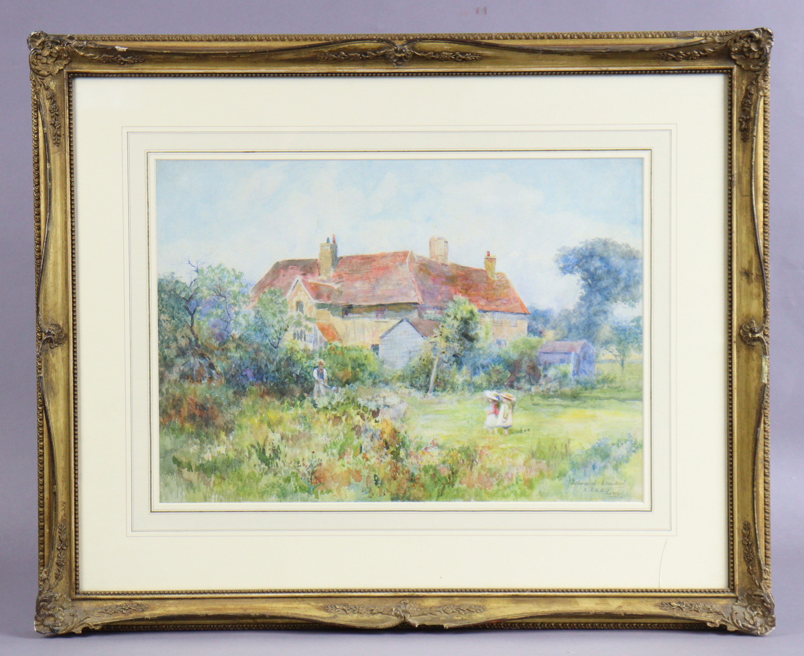 EDWARD RENARD, A.R.C.A. (1854-1915). A Country Garden with young girls & gardener, signed lower - Image 2 of 3