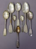 A pair of Victorian silver Fiddle pattern tablespoons, London 1842, by Richard Britton; three