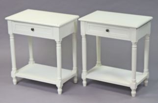 A pair of white painted wooden rectangular bedside tables (purchased from Rossiter’s of Bath) each