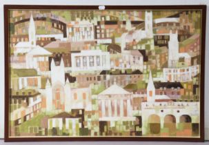 An abstract oil painting on board depicting Bath landmarks, unsigned, 53.5cm x 78cm; a pair of Limte