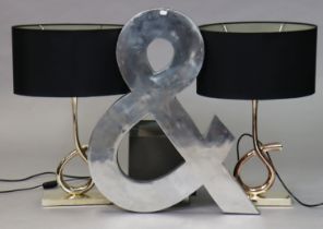 Three modern table lamps each with shade; a large silvered-metal ampersand wall ornament, & IP