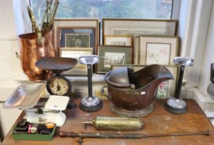 Two sets of kitchen scales; a copper helmet-shaped coal scuttle; various pictures & sundry other