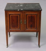 A late Victorian inlaid-mahogany small washstand enclosed by a pair of panel doors, on short