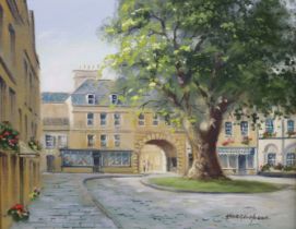 An oil painting on card by George Horne titled “Abbey Green, Bath”, 19.5cm x 24.5cm; together with