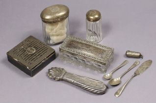 A silver square trinket box; three cut-glass receptacles each with a silver cover; two silver