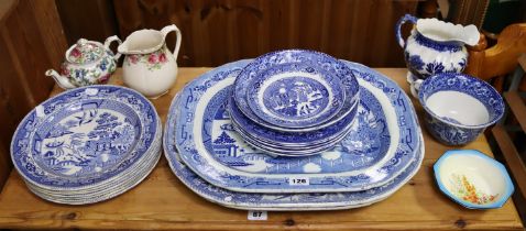 Three blue & White transfer printed meat plates; & various other items of decorative china, part w.