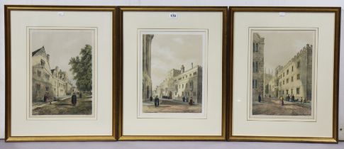 Three vintage coloured etchings after Delamone – Oxford college scenes, each 36cm x 27.5cm, in