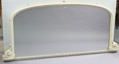 A Victorian white painted & carved wooden-frame overmantel mirror with a rounded top, 190cm long x